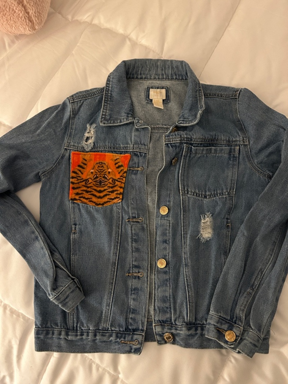 Forever 21 Blue Denim Jacket with Orange Tiger Patch